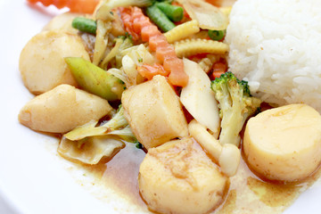 Stir Fried Tofu in Chinese Style,Deep Fried Tofu with Gravy Sauce ,Stir fried tofu with mixed vegetables in white plate on white background. Vegetarian Food, healthy food.