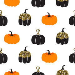 Halloween pumpkin vector seamless pattern. Black and orange pumpkins with gold glitter details white background.
