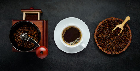 Obraz na płótnie Canvas Coffee Grinder, Hot Cup and Beans