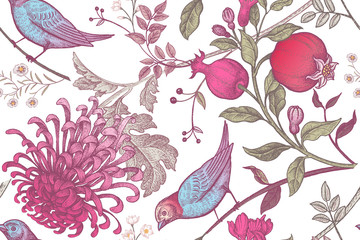 Seamless pattern with chrysantemums, pomegranates and birds.