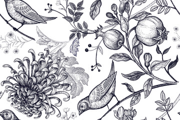 Seamless pattern with chrysantemums, pomegranates and birds.