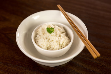 Steamed rice served in a bowl.