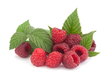 Raspberry with leaf on white