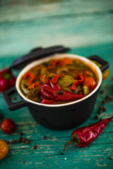 Delicious goulash soup with beef and red pepper stewed with vegetables and herbs. 
