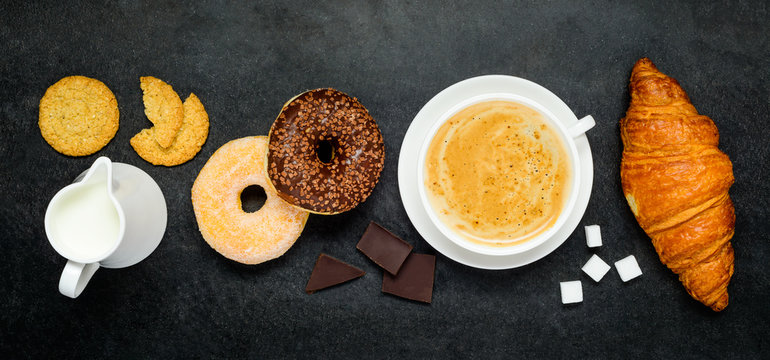 Cappuccino Coffee with Donut and Croissant