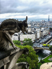 Mythical creature gargoyle on Notre Dame de Paris. View from the tower.