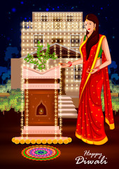 Indian lady for Happy Diwali holiday India background
