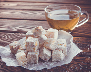Turkish delight lokum with tea
