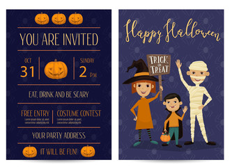 Obraz premium Halloween night party invitation set with place for text. Funny kids in carnival costumes mummy, vampire and witch with sign - Trick or Treat. Cartoon vector illustration isolated on blue background