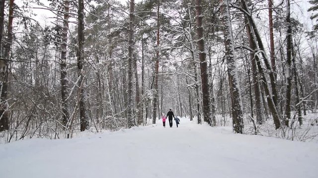 Man and two his children hold hands and run in the winter forest. Slow motion
