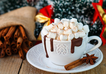 Hot chocolate with marshmallows in a white Cup. Christmas. New year. Soft focus
