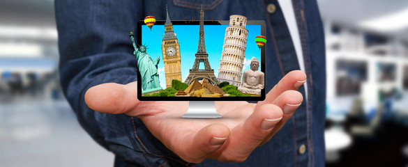 Man travelling the world with his computer