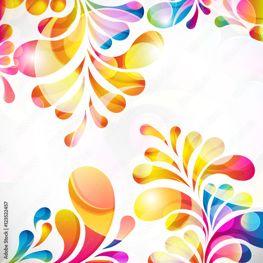 Poster abstract colorful paisley arc-drop pattern on a white background.