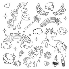 Magic unicorn rainbow, fairy wings, stars and crystals in outline hand drawn style vector set