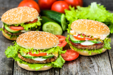 American hamburger with beef and vegetables