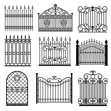 Decorative black silhouettes of fences with gates vector set