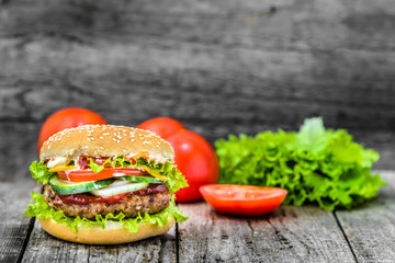 American hamburger with beef and vegetables