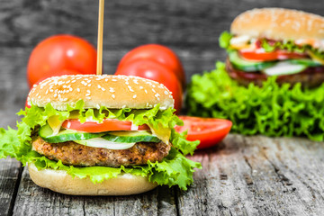 American hamburger with beef and vegetables