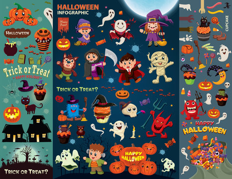 Vintage Halloween poster design set with vector vampire, witch, mummy, wolf man, ghost, reaper, character.