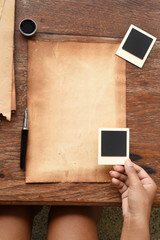 Old paper and pen, ink and photo frame for background