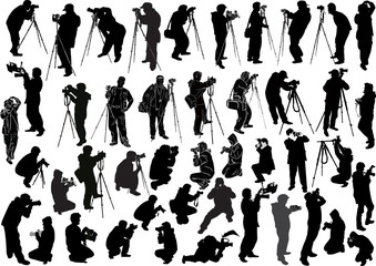 fourty five photographer silhouettes isolated on white