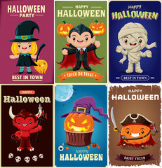 Fototapeta premium Vintage Halloween poster design set with vector vampire, witch, mummy, demon, pirate, ghost, pirate, jack o lantern character.