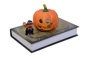 Halloween pumpkin and little witch doll on book.