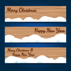 Winter wood horizontal banners template with snow. New year and Christmas greetings banners vector illustration