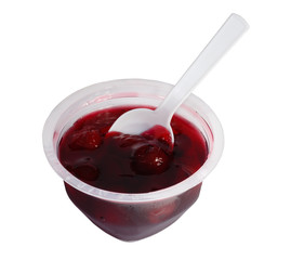 Cherry jam in plastic jar