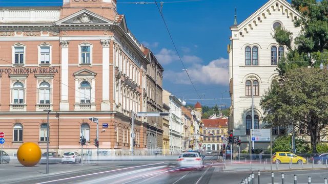 Street near new building of Croatian Music Academy timelapse in Zagreb, Croatia.