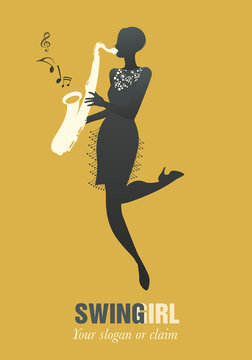 Flapper girl silhouette dressed in 1920s clothes, playing saxophone