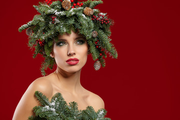 Beauty Girl portrait. Gorgeous Vogue style Lady with Christmas d