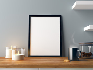 Obraz premium Mock up poster, coffee mug on the table and candles, gray wall, interior rendering