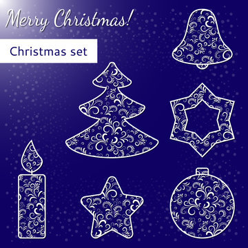 Christmas vector set for decoration. Christmas crocheted ornaments: bell, bowl, candle, star, Christmas tree.