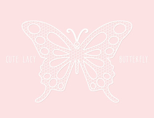 Lacy laser cutout butterfly on pastel pink. Decorative element for girls.