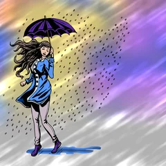 Foto auf Acrylglas Vrouw in de regen - gekleurde achtergrond © emieldelange