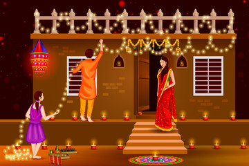 People celebrating Happy Diwali holiday India background - 123526254