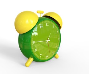 Green old style alarm clock isolated on white