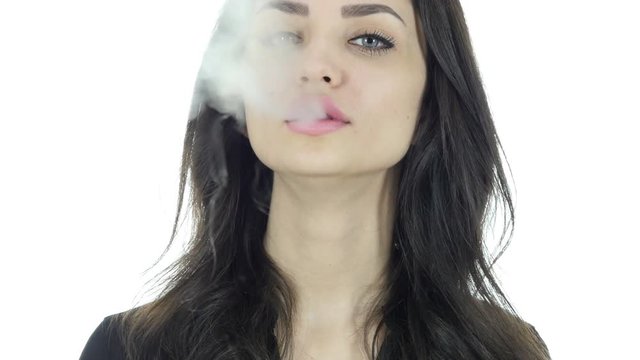 Portrait of Smoking Girl, Smoke of Cigarette, White Background