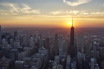 USA, Illinois, Aerial photograph of downtown Chicago in the early evening