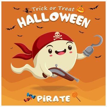 Vintage Halloween poster design with vector ghost pirate character.