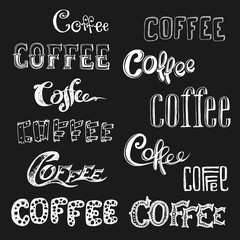 Coffee lettering in different styles on black background,