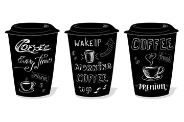 Black coffee cup covered with hand-drawings on the theme of coffee, vector illustration on a white background