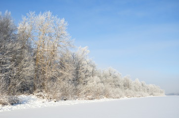 Winter landscape with frost on a Sunny day