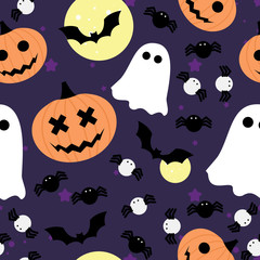 Vector seamless pattern for Halloween. Pumpkin, ghost, bat, and spider.