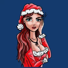 Deurstickers Kerstvrouw portret - blauwe achtergrond © emieldelange