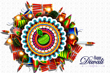 Decorated diya with cracker for Happy Diwali holiday background
