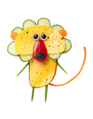 Lion made of bread, cheese and vegetables on white background