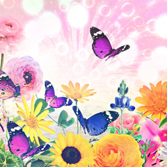 Colorful beautiful flowers and butterflies against magic sun light blurred background with sparkle spots. Summertime nature abstract. Toned colors image