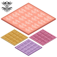 Set Oriental carpets. Pink, gold, purple icon. 3D isometric view. Vector illustration.
